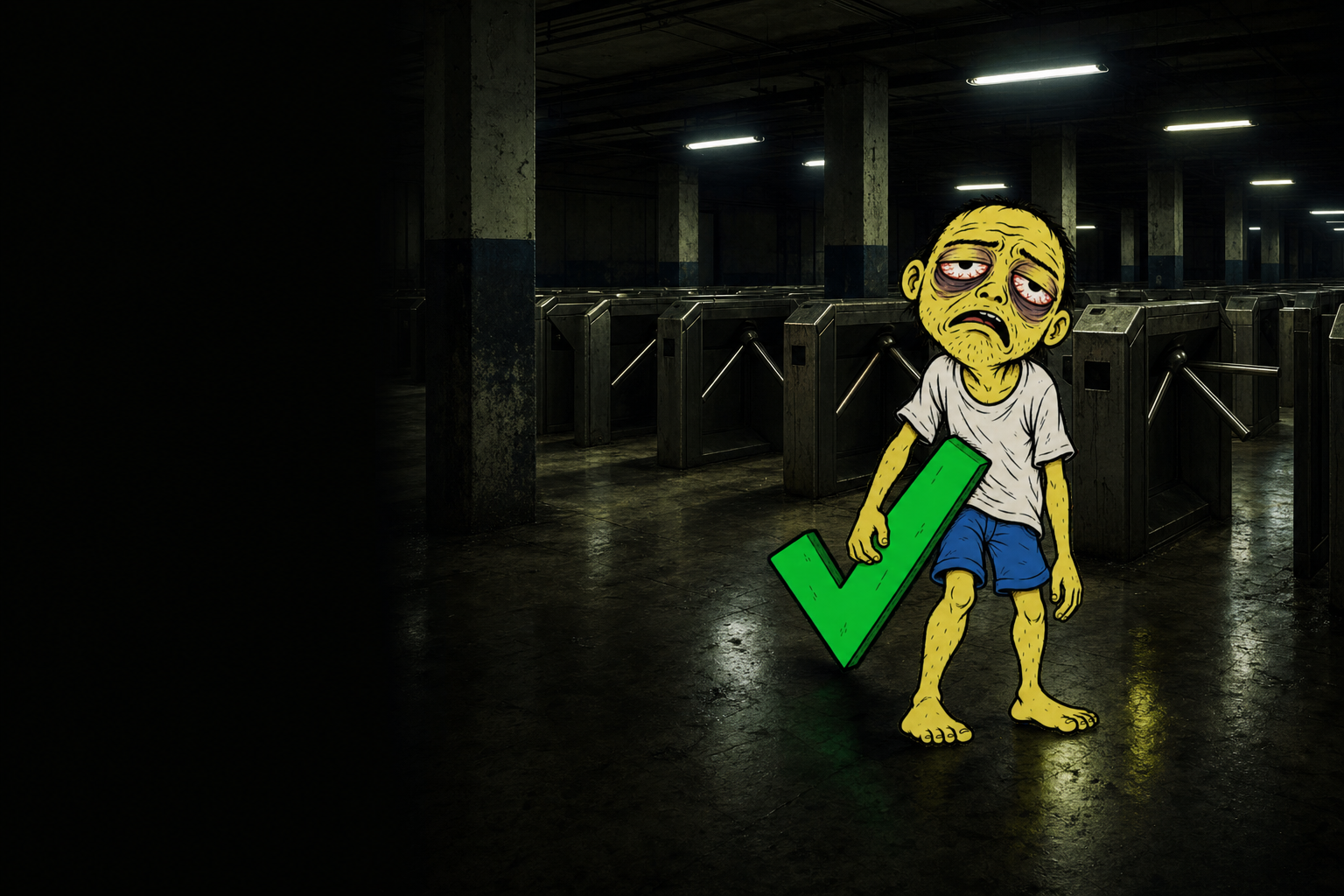 An exhausted cartoon man in a white t-shirt and blue shorts, barefoot, hauling a giant green checkmark past rows of turnstiles in a dim underground hall